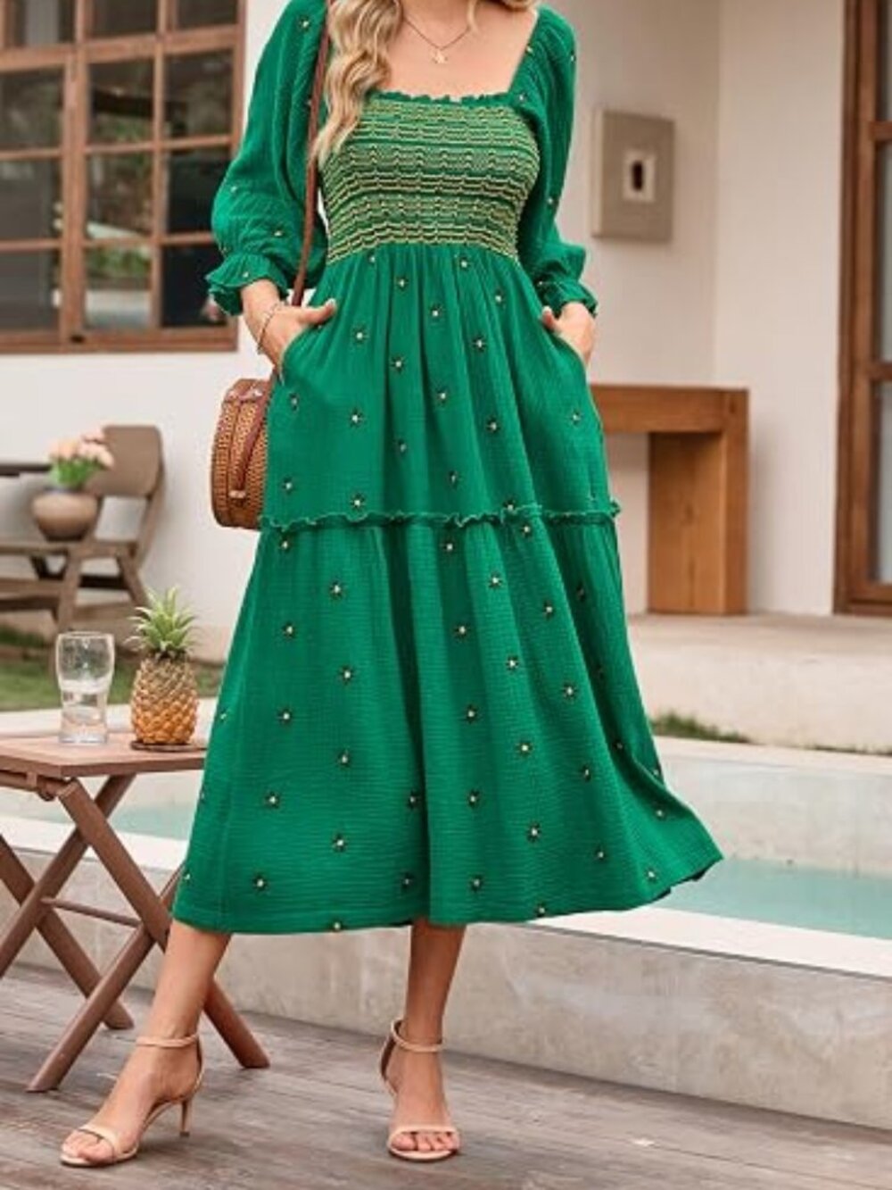 R.Vivimos Women's Cotton Floral Embroidered Boho Midi Dress with Pockets